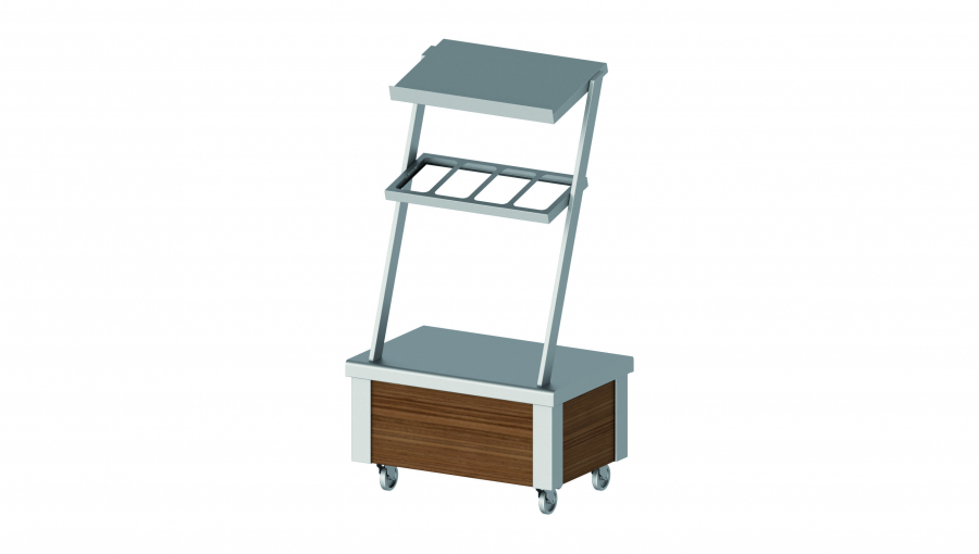 Neutralelement mit Aufsatzbord und Besteckausgabe, fahrbar mit Dekorplatten 860x575x1580 mm für Speisenausgabesysteme